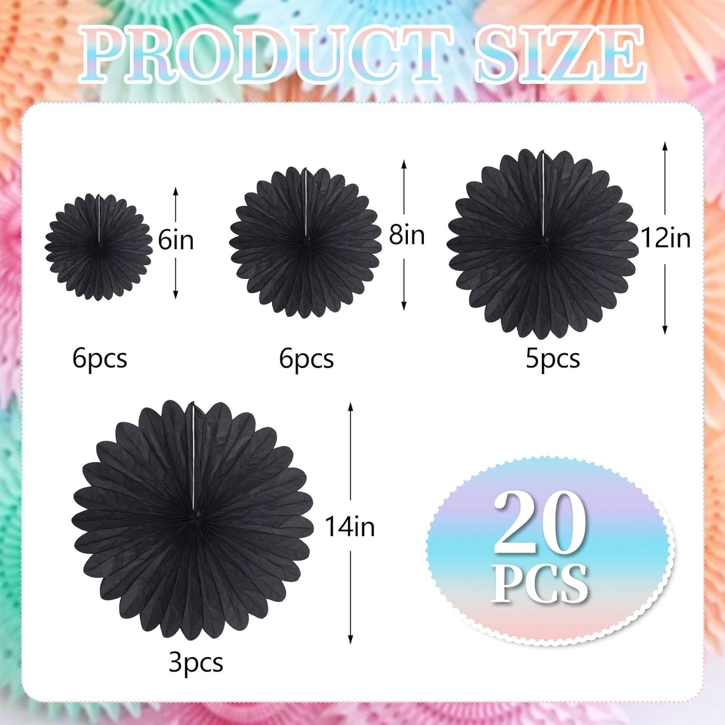 20 Pcs Black Hanging Paper Fan, Round Paper Fans Decorations Set for Weddings, Birthdays, Engagement, Bridal Shower, Baby Shower Event, Graduation, Party Supplies Decor