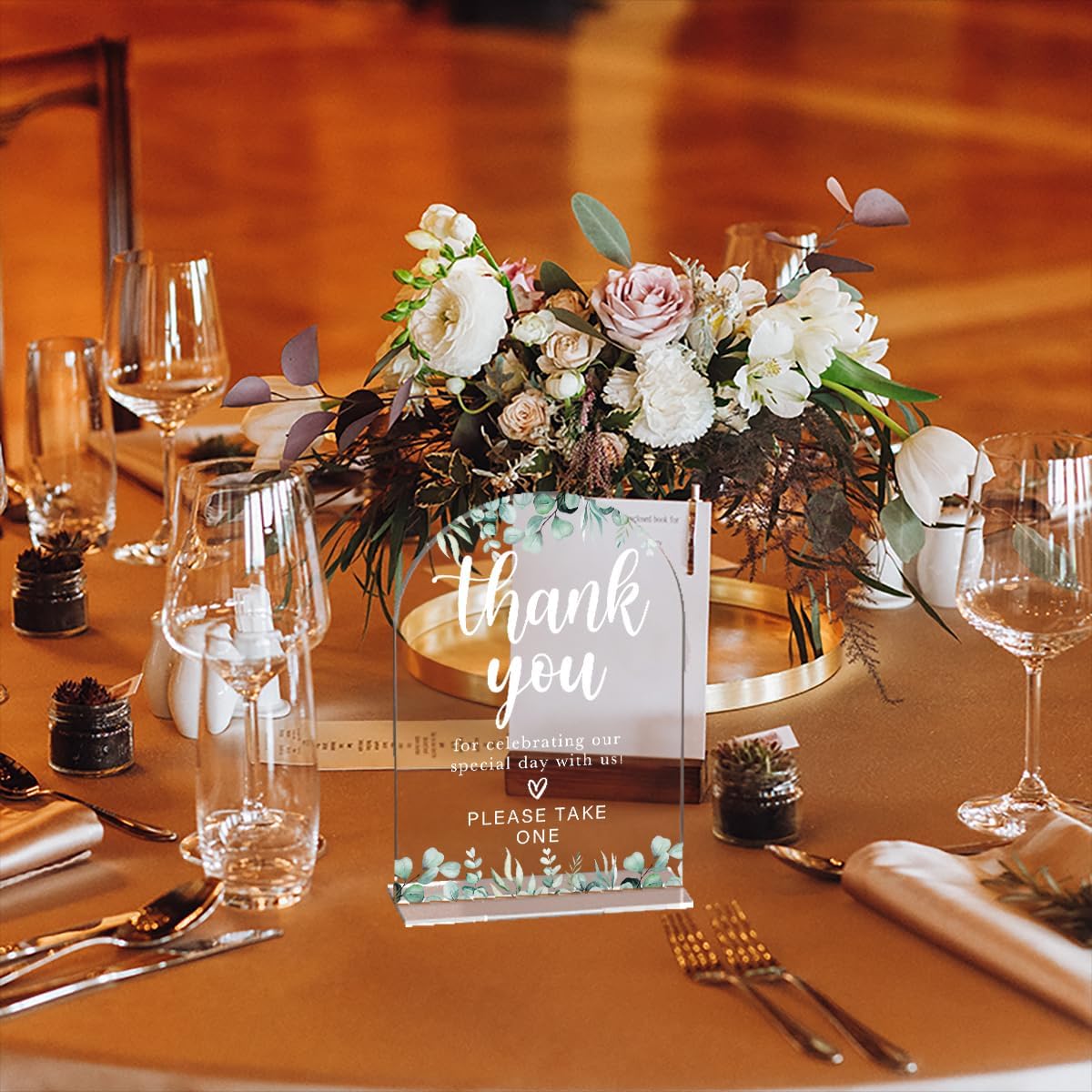 Acrylic Wedding Sign Thank You Signs for Ceremony Modern Calligraphy Arch Acrylic Table Top Signs for Wedding Reception and Event Party Table Decor (Eucalyptus Leaves)
