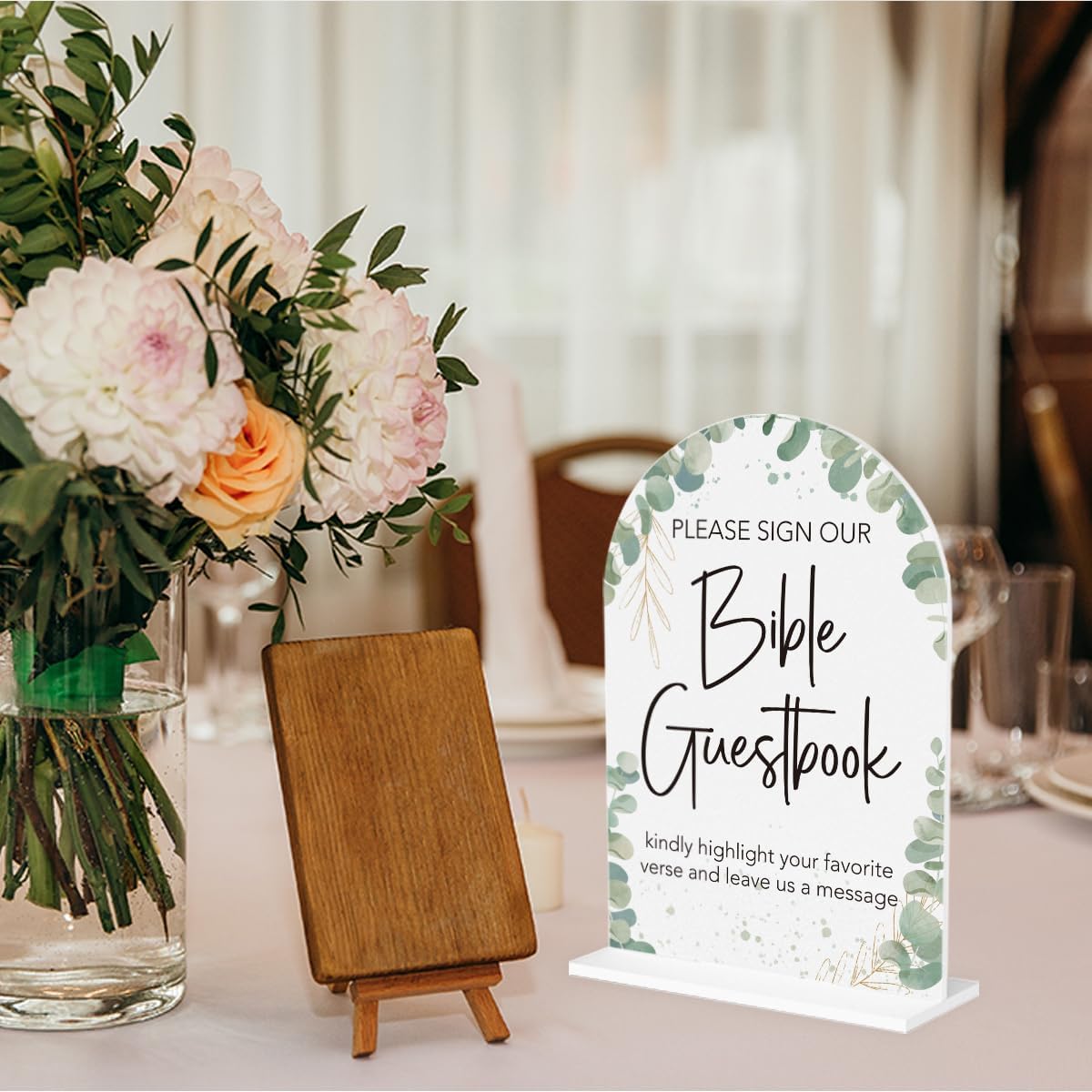 Boho Wedding Bible Guest Book Sign Our Bible Wedding Sign Acrylic Arch Wedding Bridal Baby Shower Welcome Table Signs for Ceremony and Reception Decor 7 x 5 Inches
