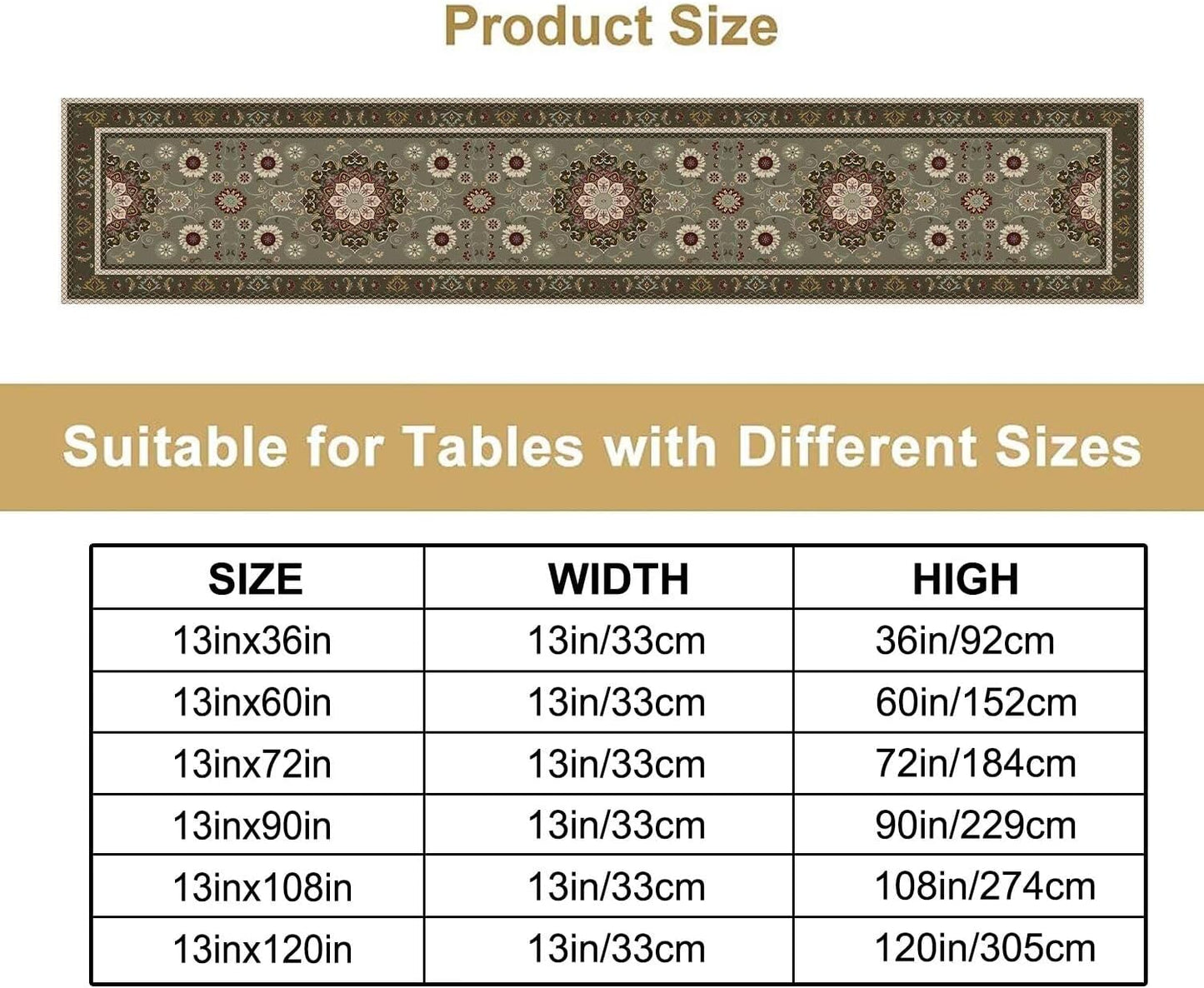 Vintage Paisley Floral Table Runner, Brown Boho Rustic Farmhouse Flower Pattern for Home Kitchen Table Decor Dining Coffee Room Party Decor 13x90in
