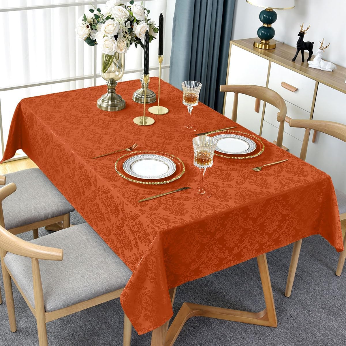 Jacquard Tablecloth Rectangle 52 x 70 Inch, Waterproof Stain Resistant Damask Autumn Table Cloth, Soft Polyester Table Cover for Fall, Harvest, Thanksgiving, Holiday, Rusty/Orange