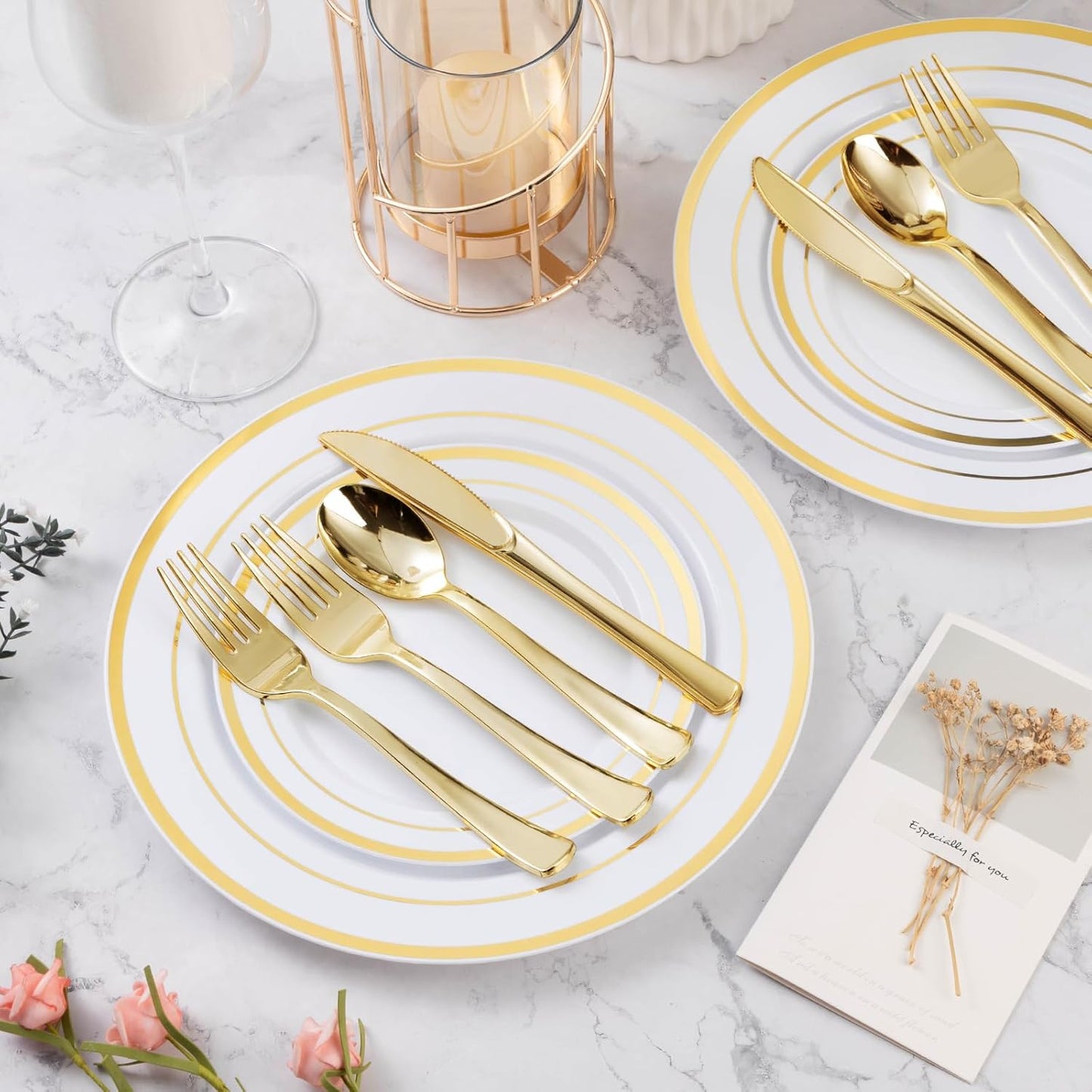 300PCS Gold Plastic Plate Set (50 Guests), Plastic Plates for Party Wedding Birthday, Disposable Dinnerware Set of 100 Plates, 100 Forks, 50 Spoons, 50 Knives for Christmas, Thanksgiving