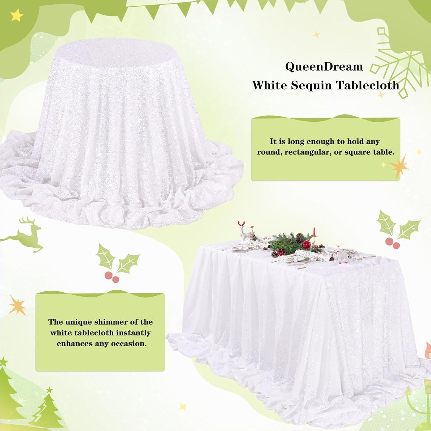 QueenDream White Sequin Tablecloth Rectangle 90 x 156 Inch Table Cloth for Wedding Bridal Shower Party Decorations
