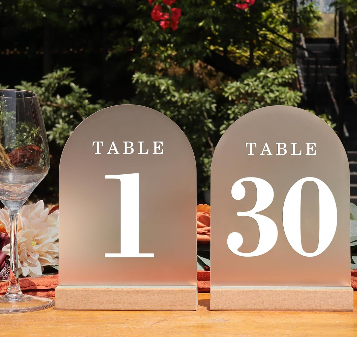 Wedding Table Numbers 1-30, Acrylic Arch Signs with Natural Wood Stands Holders, Rustic Table Decor for Reception & Parties (Frosted White)