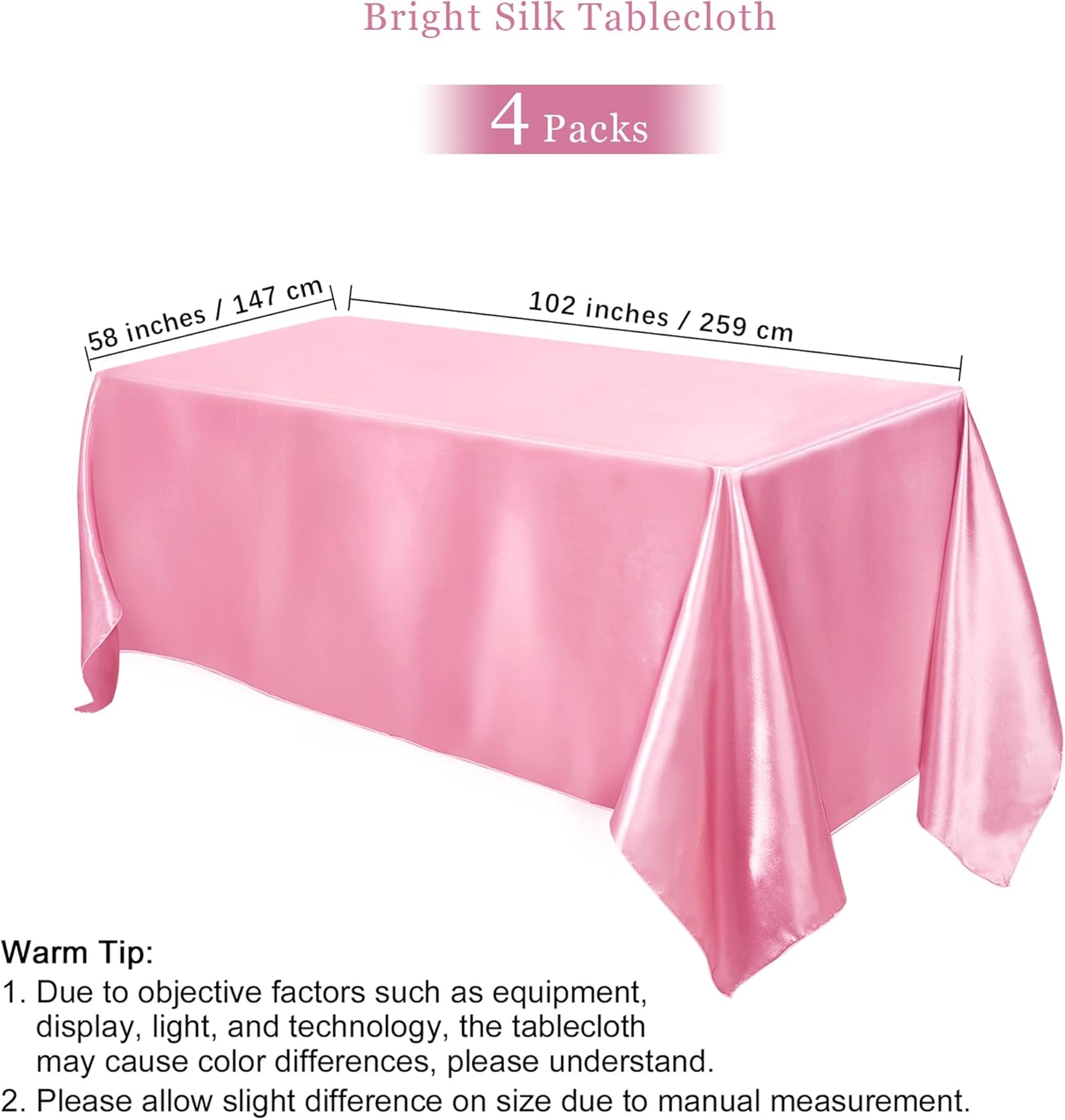 TURSTIN 4 Packs Pink Satin Tablecloth 102 x 58 Inch Overlay Satin Table Cover Rectangle Bright Silk Tablecloth Smooth Fabric Table Decoration for Wedding Banquet Party Events