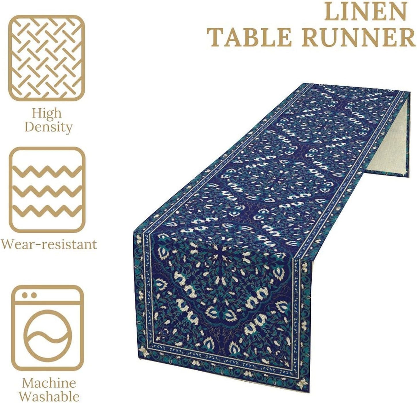 Boho Floral Vintage Table Runner, Retro Morris Abstract Blue Flower Rustic Country Farmhouse Pattern for Home Kitchen Table Decor Dining Coffee Room Wedding Party Decor 13x90in