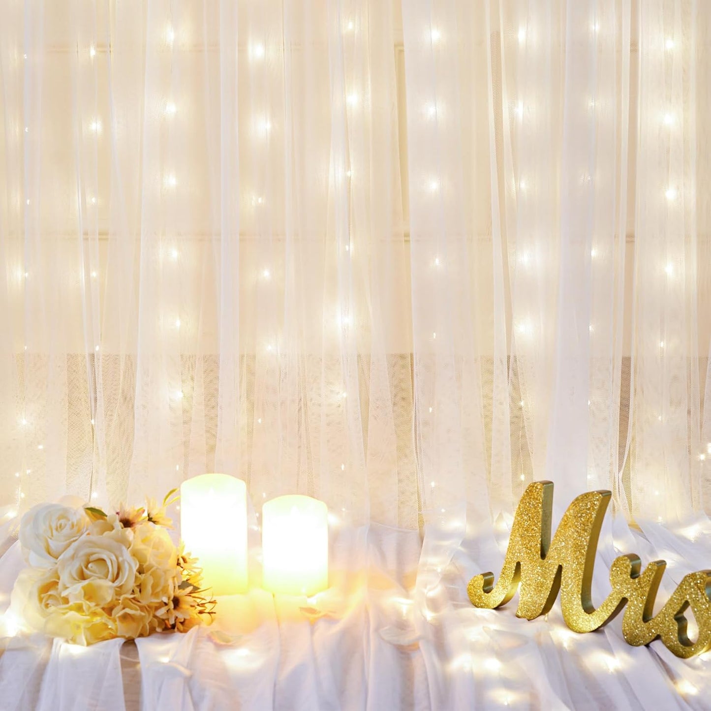 10x10ft White Tulle Backdrop Curtain with Lights String for Parties Wedding Twinkle Sheer Backdrop Curtains for Bridal Shower Birthday Party Baby Shower Photo Booth Decorations