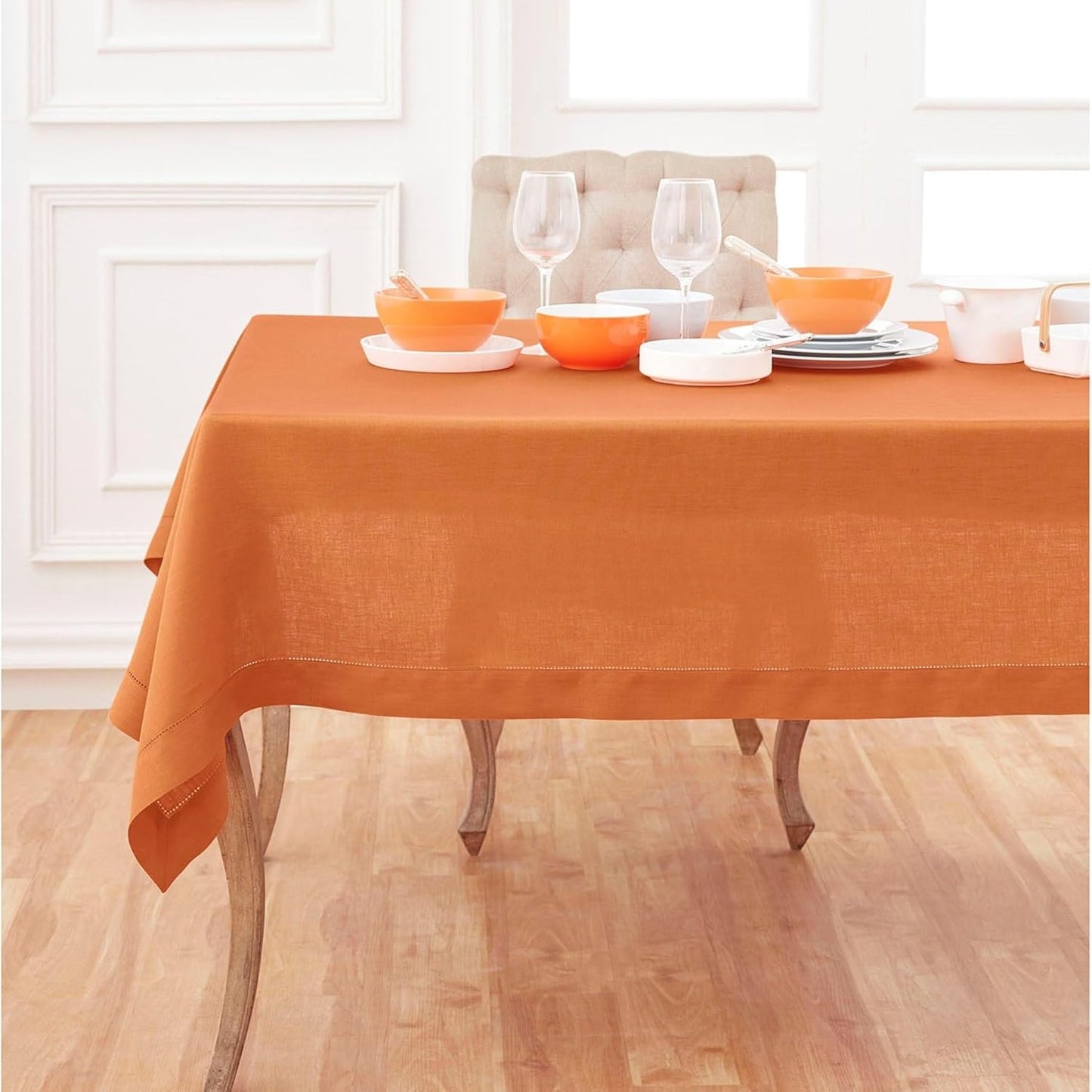 Solino Home Linen Tablecloth 60 x 90 Inch - Classic Hemstitch 100% Pure Linen Pumpkin Table Cloth for Rectangle Tables - Machine Washable Tablecloth for Fall, Autumn, Halloween, Thanksgiving, Holiday