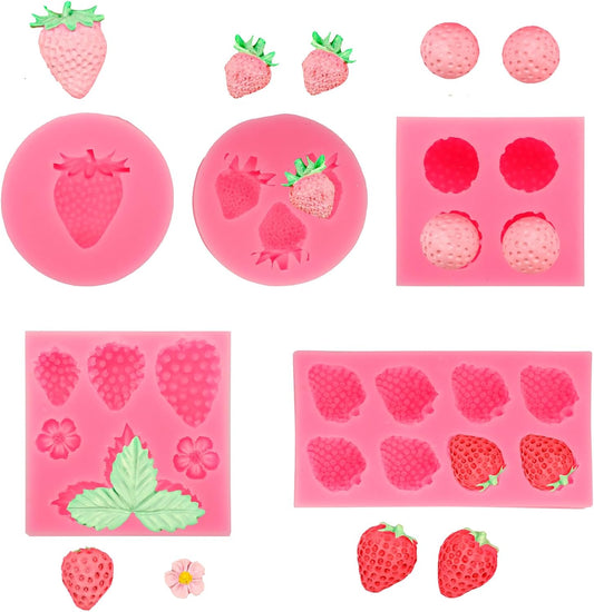 5PCS Strawberry Silicone Molds, 3D Chocolate Fondant Fruit Mold Set for Cake Decoration, Candy, Jelly, Soap, Candle Making (Pink)