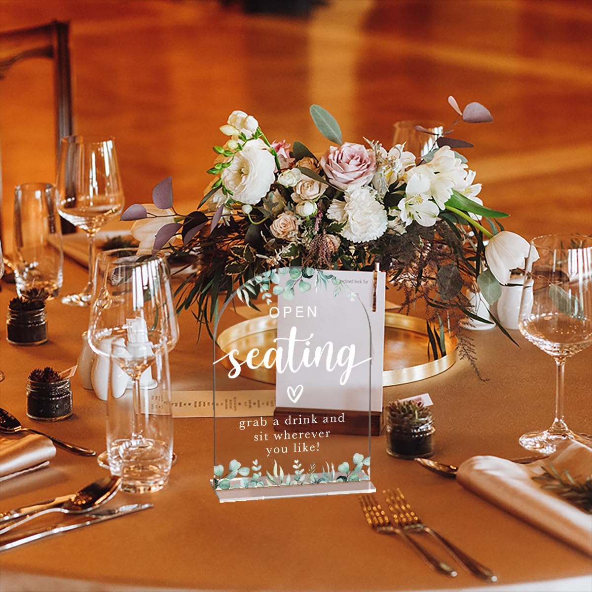 Acrylic Wedding Sign Open Seating Signs for Ceremony Modern Calligraphy Arch Acrylic Table Top Signs for Wedding Reception and Event Party Table Decor (Eucalyptus Leaves)