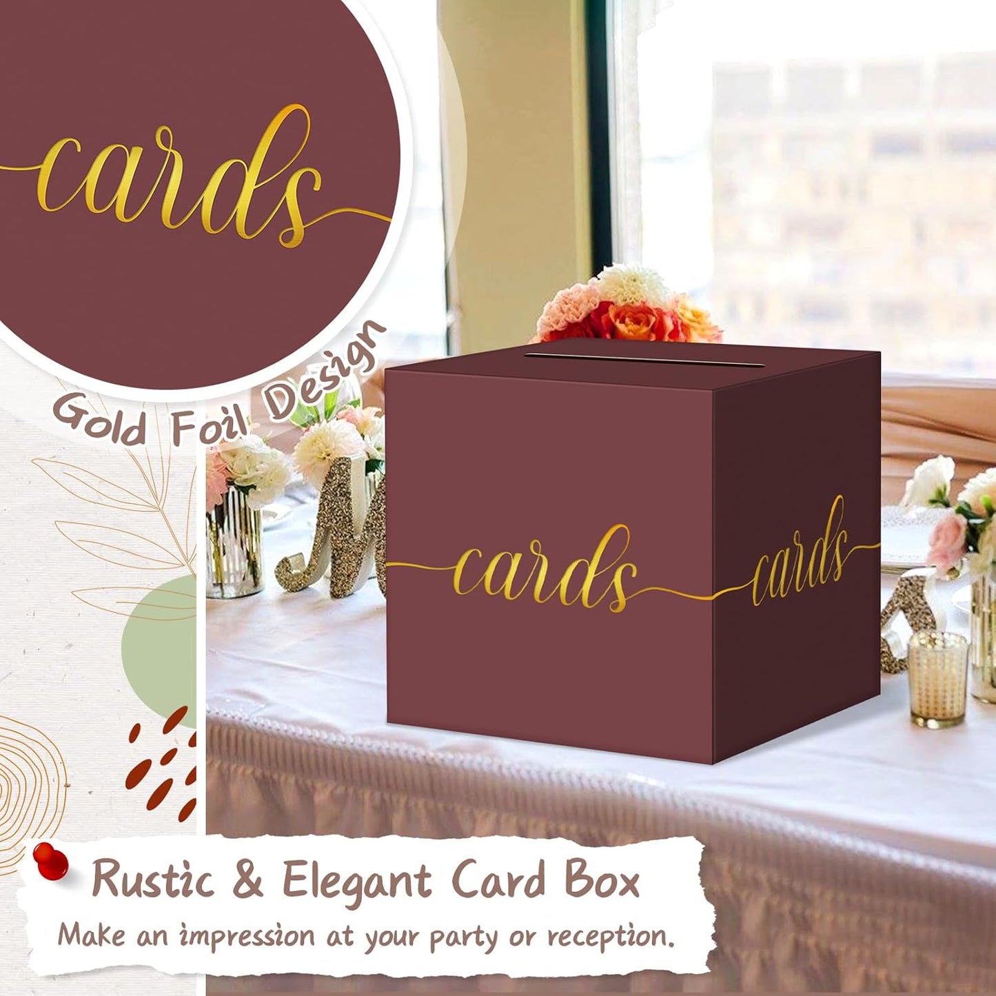 QIKSION Maroon Graduation Card Box, Gold Foil Gift Card Box for Graduation, Party, Wedding Reception, Birthday, Baby Shower, Raffle