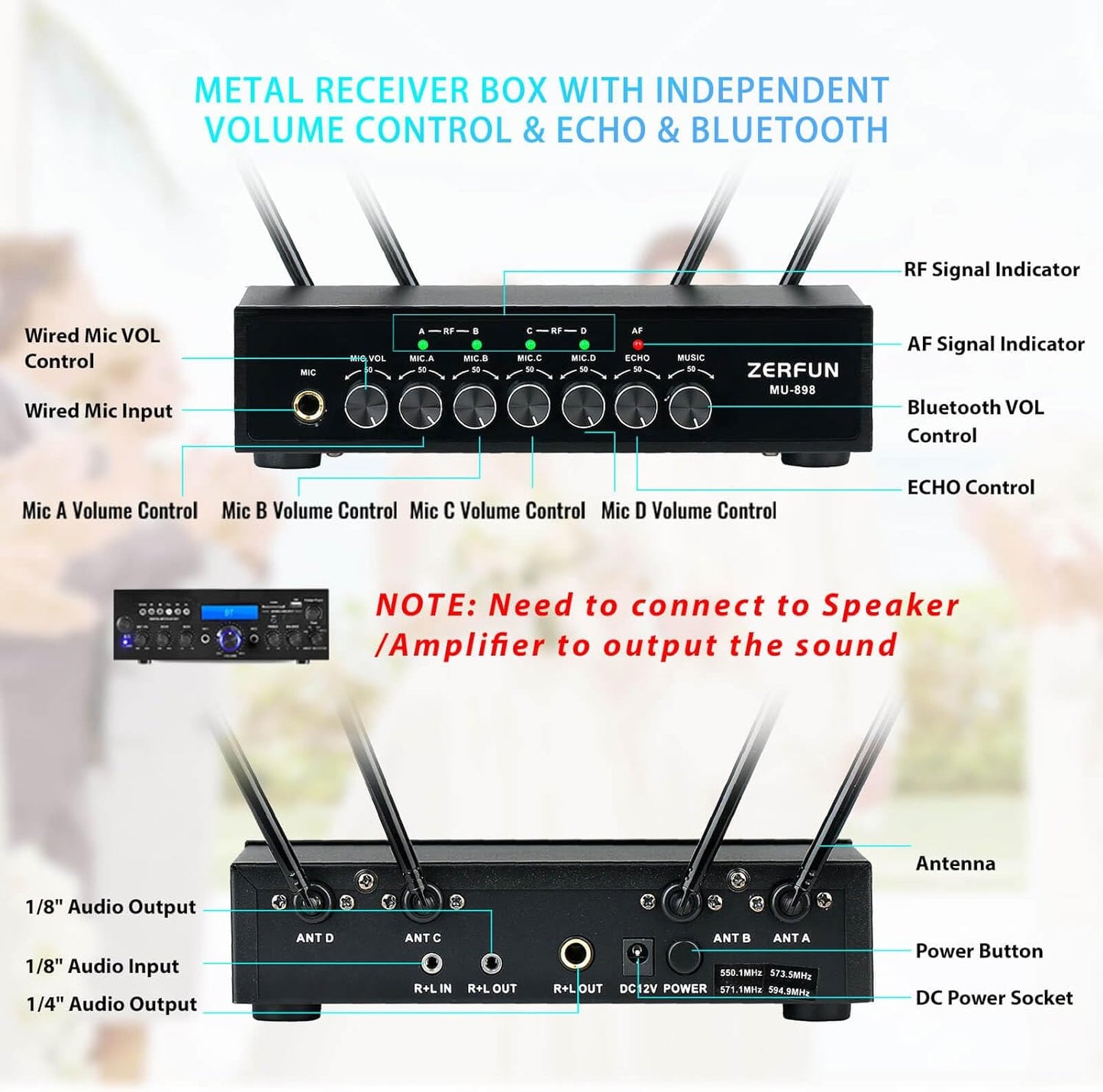 4 Channel Rechargeable Wireless Microphone System, Pro UHF Metal Handheld Wireless Microphones Cordless Mics with Echo Bluetooth VOL Channel Control for Karaoke Singing Church(MU-898)