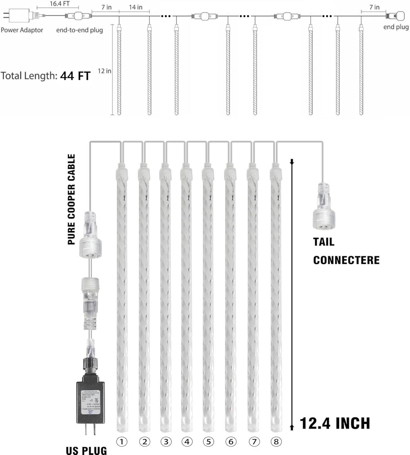 Dazzle Bright 864 LED Christmas Light, Meteor Shower Rain Lights 11.8 Inch 24 Tubes, Waterproof Plug in Falling Rain Lights Decorations for Xmas Tree Yard Party (Warm White)