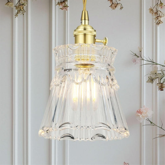 Vintage Pendant Light - Gold Hanging Lamp with French Floral Glass Shade, 70-Inch Adjustable Cord for Kitchen Island, Dining Room, Bedroom, Over Table (Hardwired)