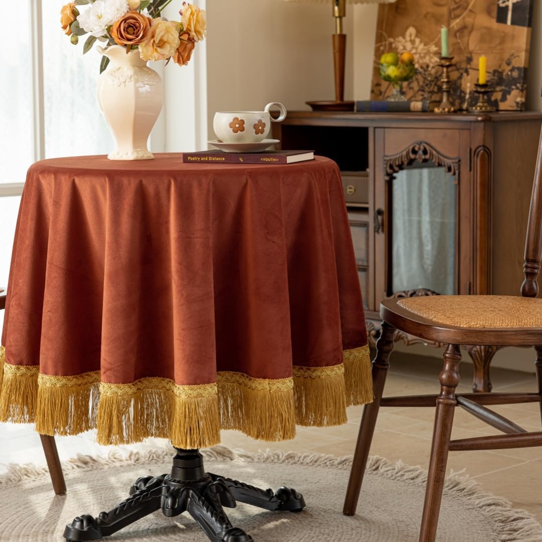 F-CHU Luxury Burnt Orange Tablecloth Thickset Velvet Tablecloth with Beautiful Gold Vintage Tassels Table Cloth for Home Decor Wedding, Party, Banquet and Events 48" Round