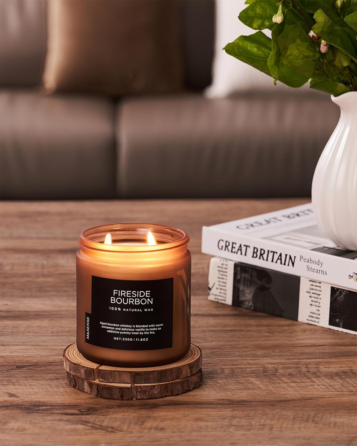 M&SENSE Fireside Bourbon Jar Candle, 11.6oz Clean Soy Wax Up to 70 Hours Burn Time Smoky Scent 2 Wick Cotton Fall Campfire Scented Candle for Home Decor Housewarming Gifts for Bathroom Office
