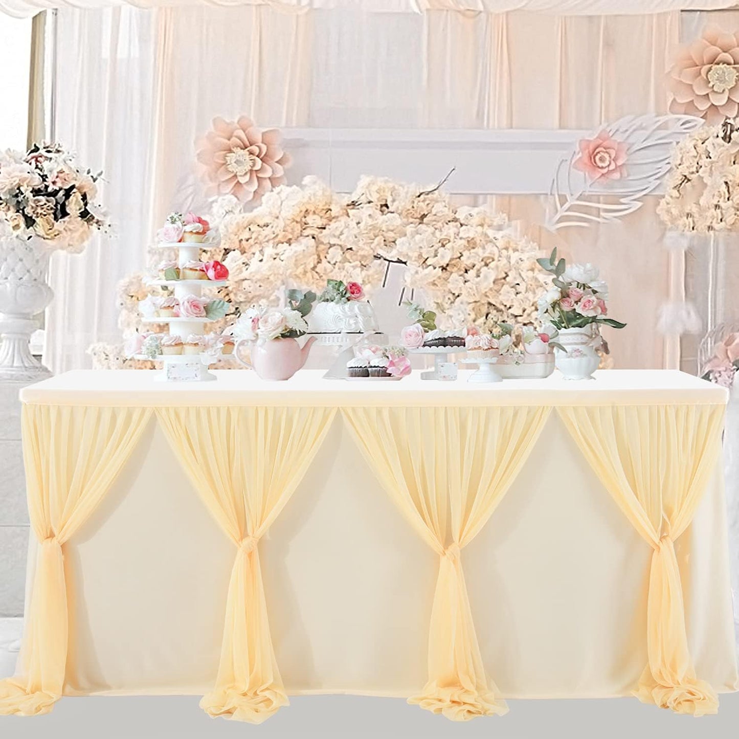 9ft Champagne Table Skirt for Weddings Table Cloth Elegant Tutu Table Skirt Cover for Birthday Party Baby Shower Dessert Buffet Banquet Decorations