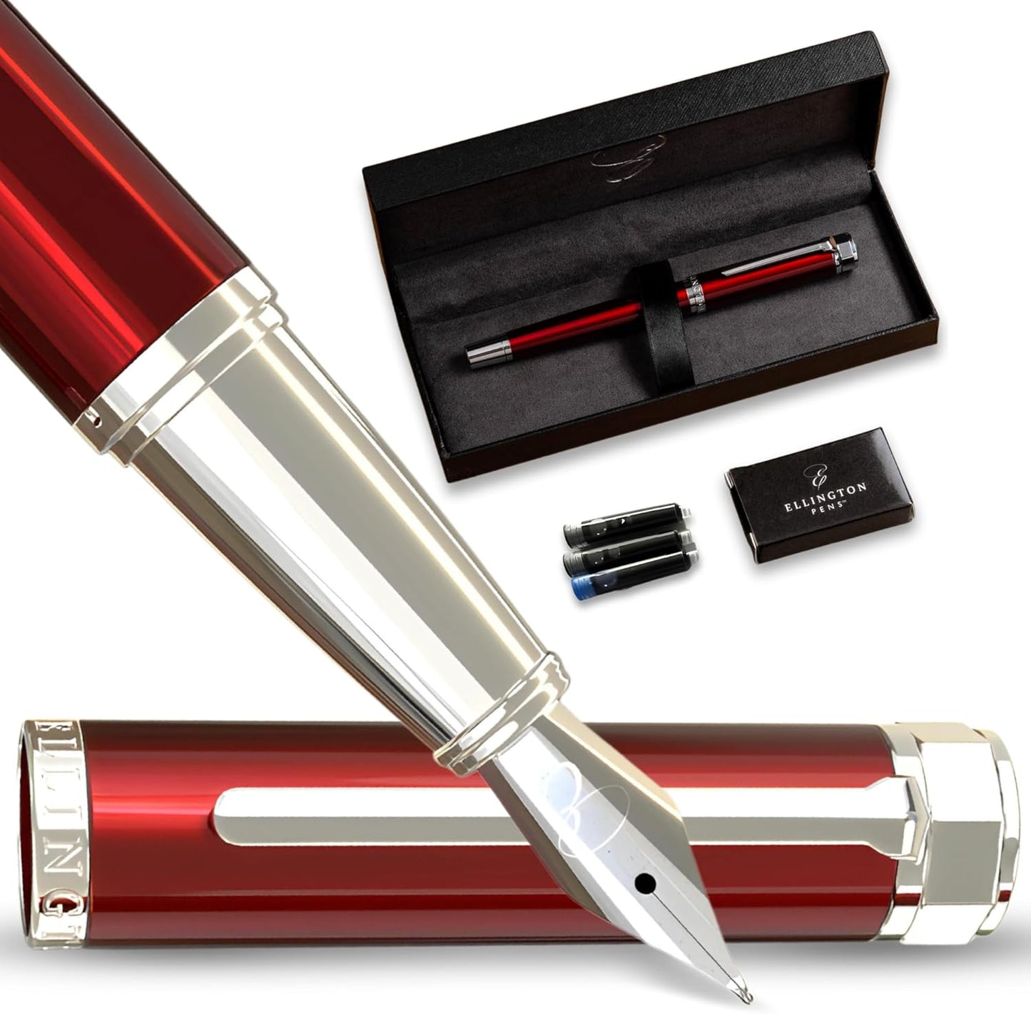 Ellington Pens Luxury Fountain Pen Set- Fountain Pens for Writing - Smooth Medium Nib - Includes Refillable Ink Converter, 3 Ink Cartridges [Black & Blue], Gift Box - Elegant Calligraphy