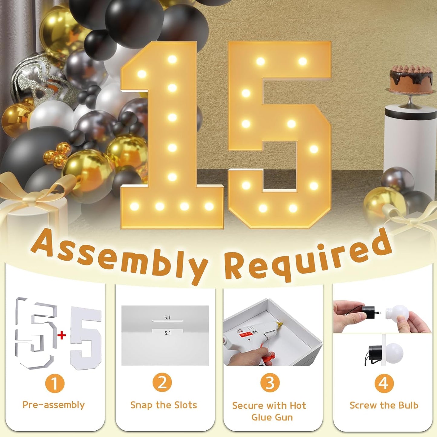 imprsv 4FT Light Up Numbers, Marquee Numbers 15th Birthday Decorations for Girls Boys, Large Light Up 15th Birthday Women Foam Board Anniversary Party Decorations Arch Kit (DIY)