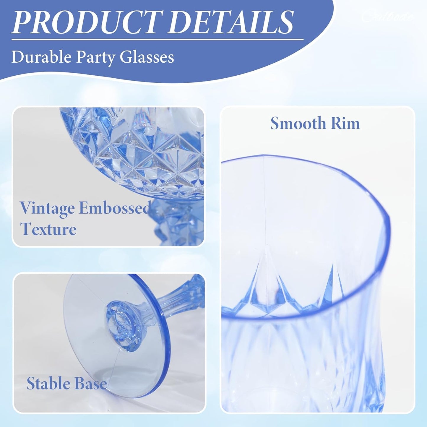 Blue Plastic Wine Glasses Set of 12 – 7oz Unbreakable Vintage Drinking Glasses for Parties Reusable & Dishwasher-Safe for Weddings, Bars, and Every Celebration