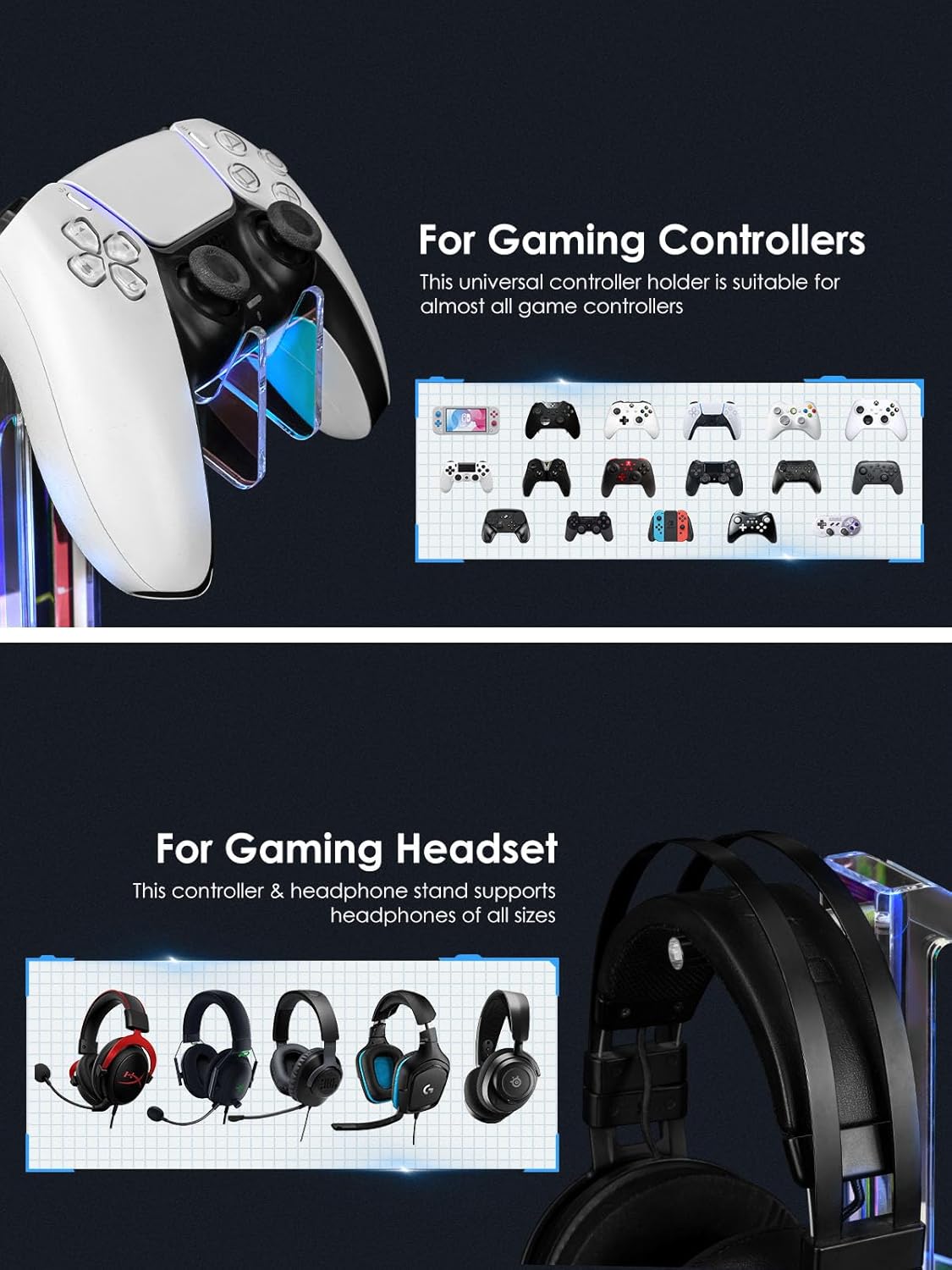 OAPRIRE Headset and Controller Stand with Lights, 3 Tier Acrylic Game Controller Holder, Controller and Headset Stand for Desktop,Universal Design Compatible with PS5/PS4/XBOX/SWITCH (Clear)