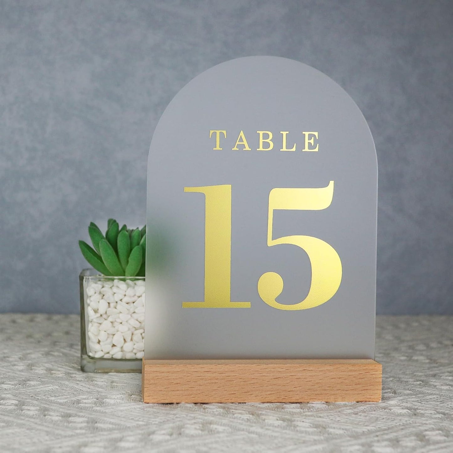Wedding Table Numbers 1-15, Acrylic Arch Signs with Natural Wood Stands Holders, Rustic Table Decor for Reception & Parties (Frosted Gold)