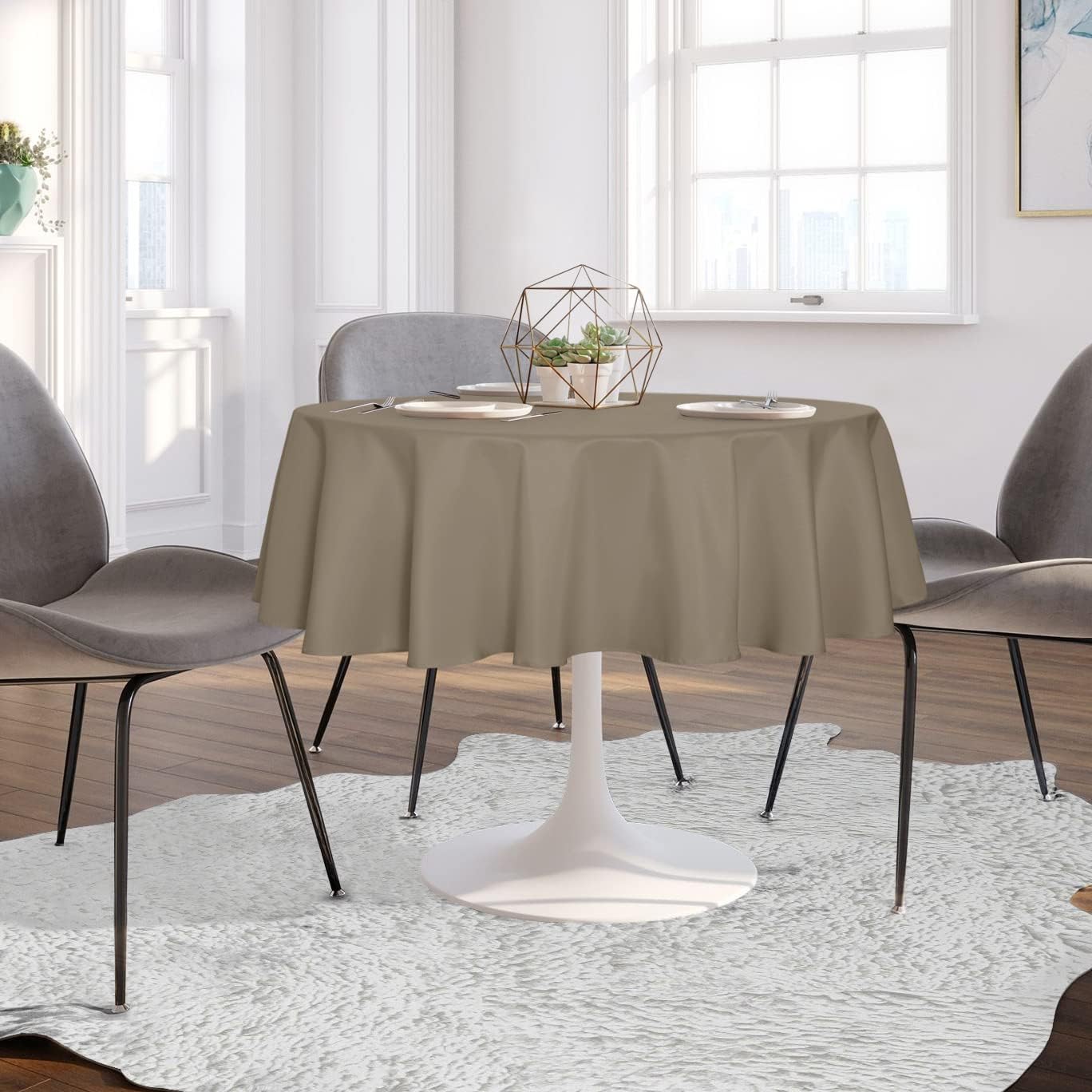 sancua Round Tablecloth - 48 Inch - Water Resistant Spill Proof Washable Polyester Table Cloth Decorative Fabric Table Cover for Dining Tables, Buffet Parties and Camping, Taupe