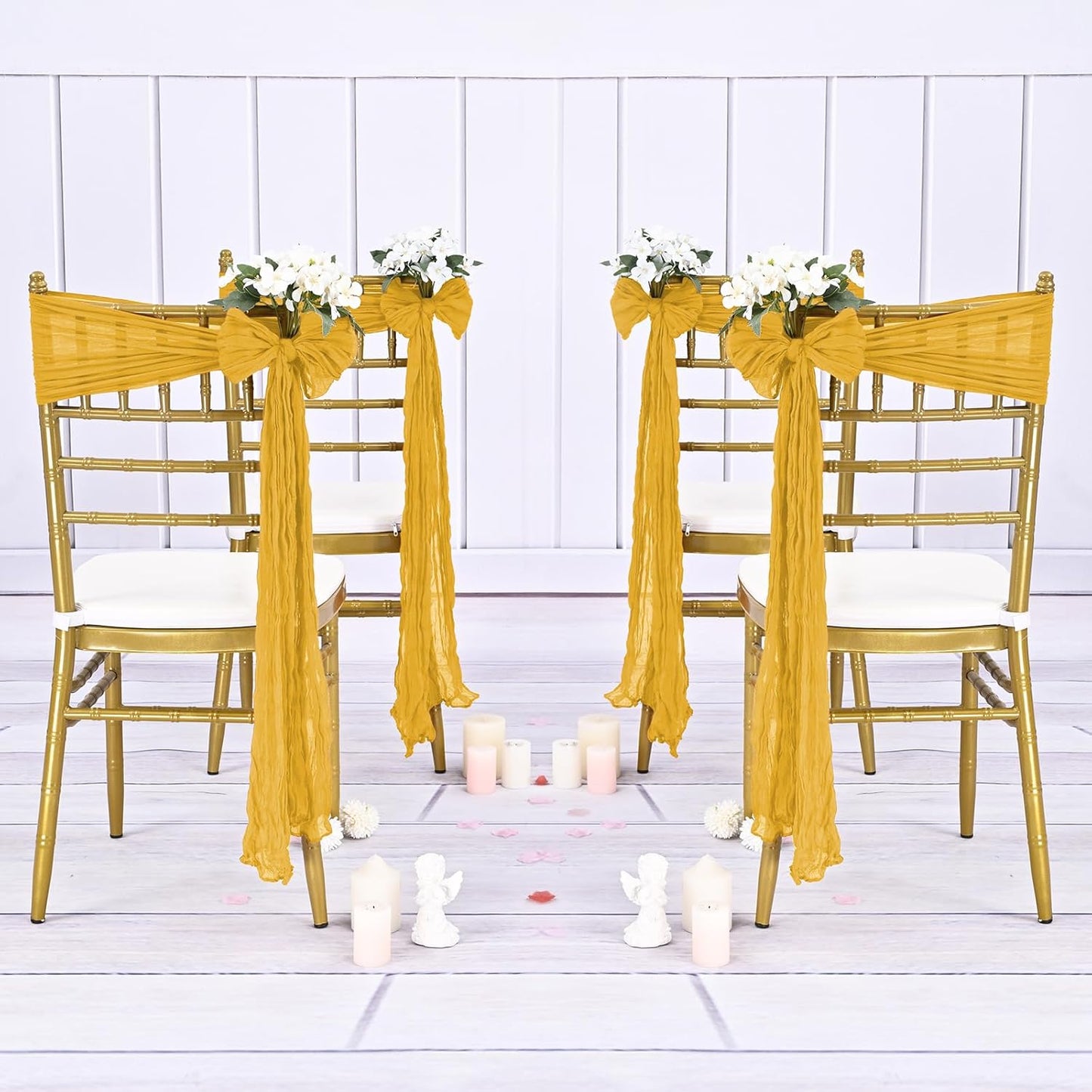 36 Pcs Mustard Yellow Cheesecloth Chair Sashes, 16 x 108 inch Gauze Fabric Washable Chair Sashes Bows Designed for Aisle Decorations Universal Chairs Cover Decor for Wedding Reception Party Banquet