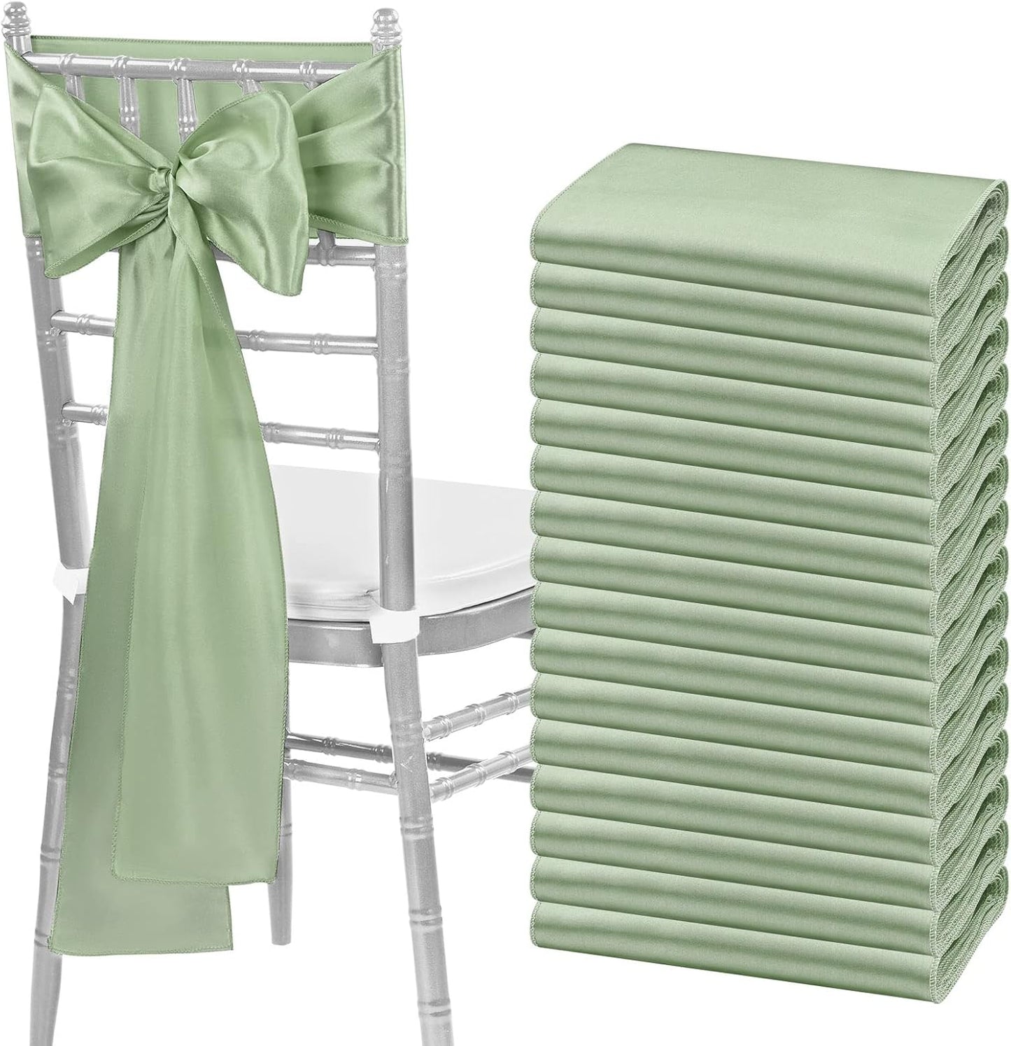 fani 60 PCS Sage Green Satin Chair Sashes Bows Universal Chair Cover for Wedding Reception Restaurant Event Decoration Banquet,Party,Hotel Event Decorations (7 x 108 inch)