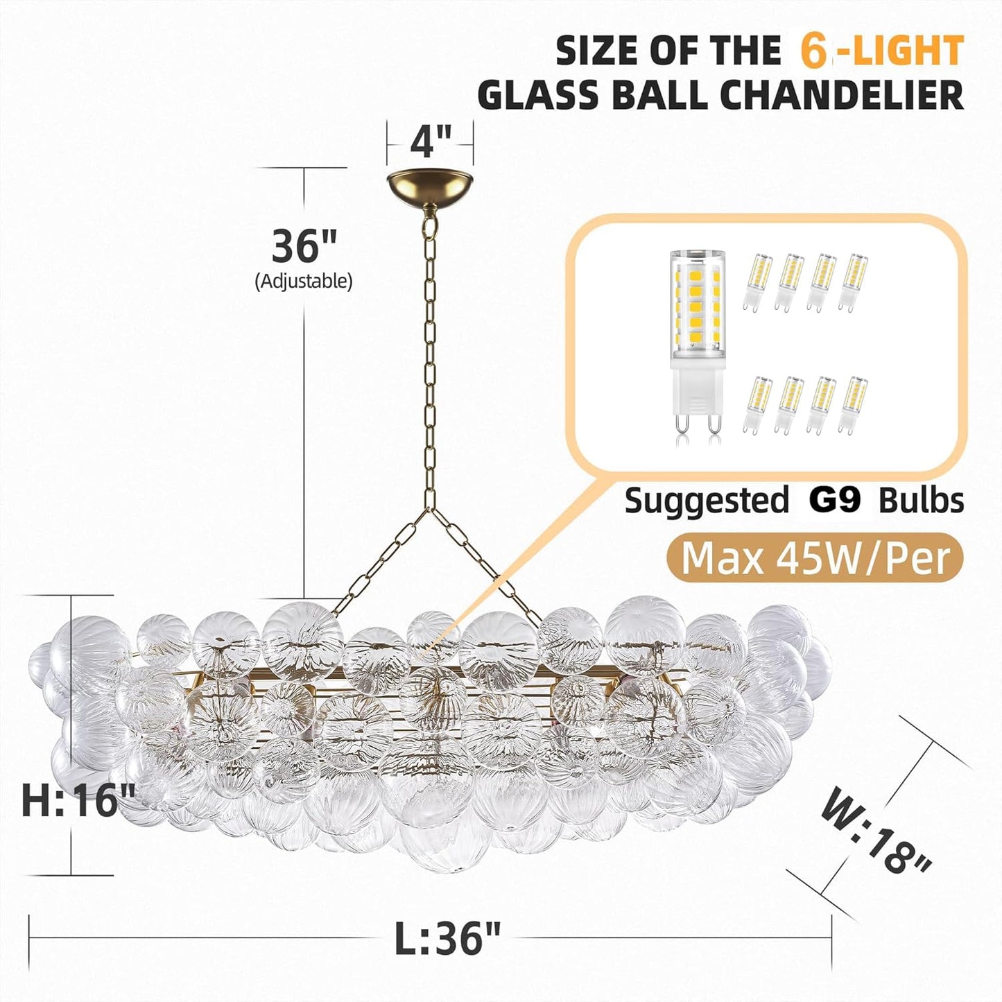 Nordic Bubble Ball Swirled Glass Chandelier, 36" Long Rectangular Chandeliers Island Light Fixture Gold and Clear Blown Glass Large Pendant Light Fixture for Bedroom Study Restaurant Dining Table