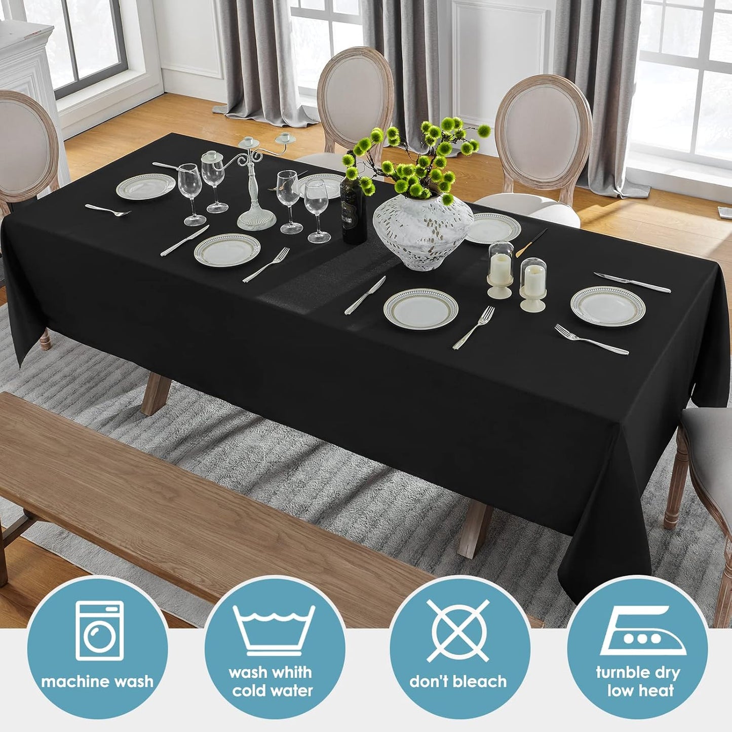VidaFete 60*84inch Rectangle Tablecloth Polyester Table Cloth，Stain Resistant and Wrinkle Polyester Dining Table Cover for Kitchen Dinning Party Wedding Rectangular Tabletop Buffet Decoration(Black)
