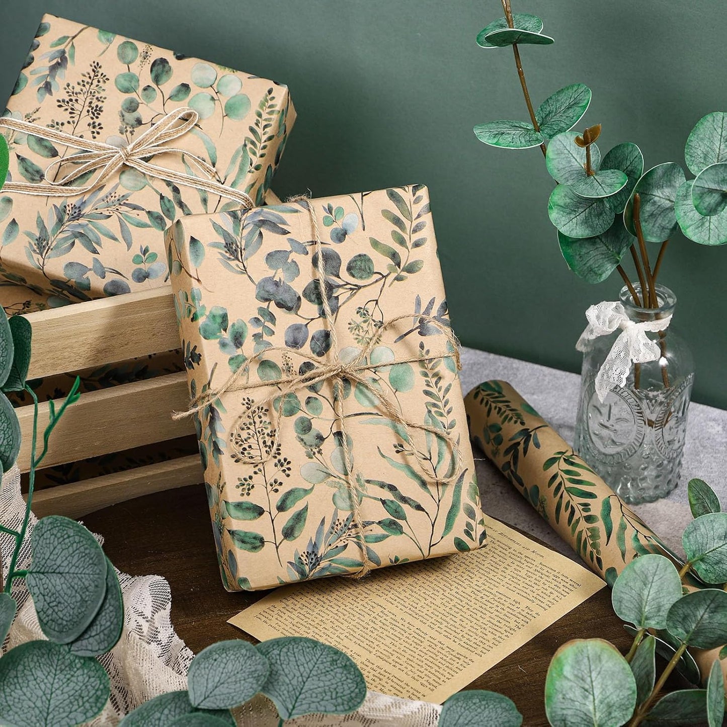 RUSPEPA Eucalyptus Leaf Gift Wrapping Paper, 17 Inches x 32.8 Feet, Mini Roll, Kraft Wrapping Paper Roll for Women, Spring, Summer, Wedding and Birthday