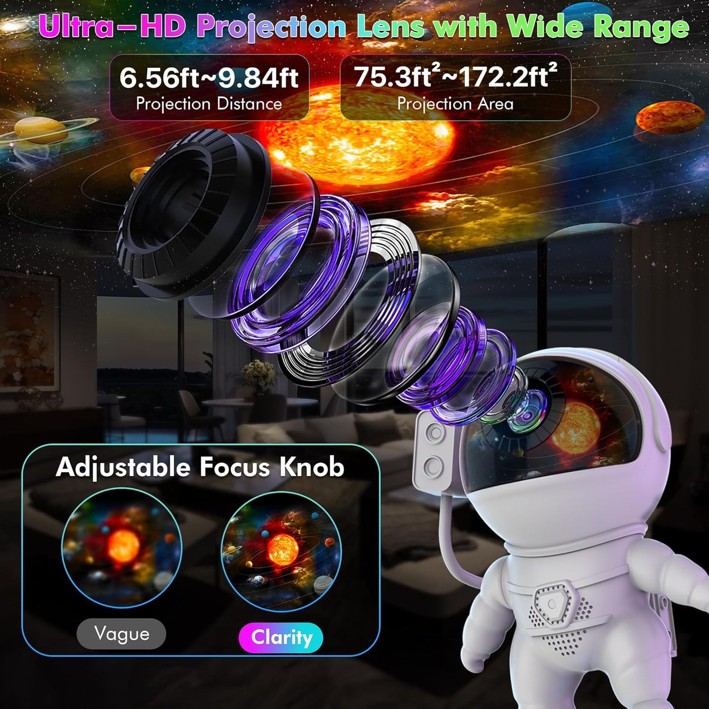 Astronaut Galaxy Projector Light for Bedroom, 12-in-1 HD Nebula Northern Lights Projector with 360° Rotating Projection, Fixed Rocket Night Light with Timer, Gift for Boys Girls Kids