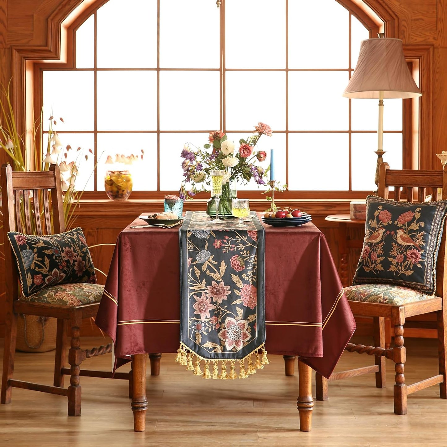 patdrea Designer Vintage Black Floral Velvet Table Runner 71 Inch Long, Pink Khaki Bouquets Pattern Table Mat, Decoration for Kitchen Dining Coffee Table Cabinet Banquet Thanksgiving,12"*71"