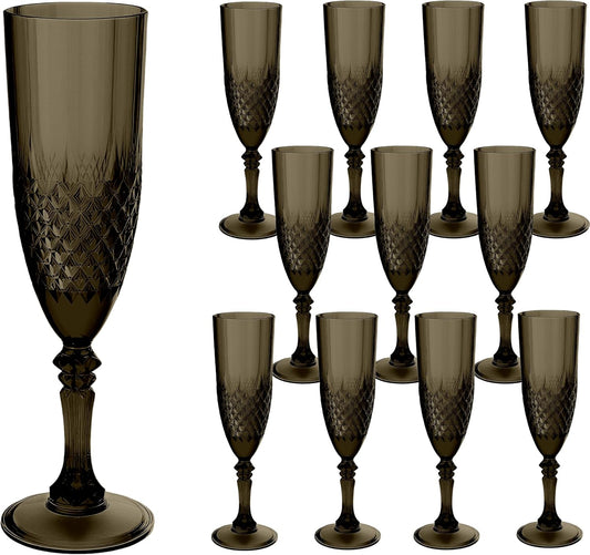 Plastic Champagne Flutes, 12PCS Black Wine Glasses Goblets Cups Shatterproof Reusable Flute for Halloween Weddings Bachelor Parties Toasting and Events(12, Black)
