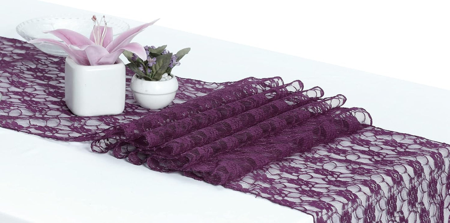 MDS Pack of 25Wedding 12 x 108 inches Lace Table Runner for Wedding, Decorations for Birthday Parties, Banquets, Graduations, Engagements, and Runners fit Rectangle, Round Table- Plum