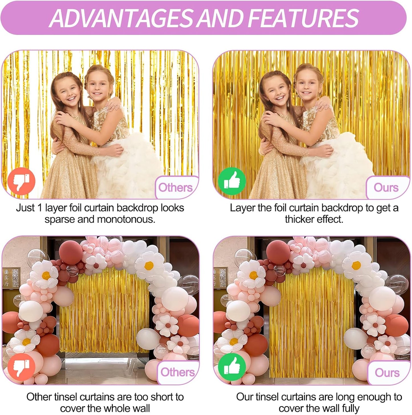 Crosize 4 Pack 3.3 x 8.2 ft Gold Foil Fringe Curtains Party Decorations, Gold Tinsel Curtain Backdrop for Parties, Door Streamers, Glitter Streamer Fringe Backdrop for Birthday Decoration