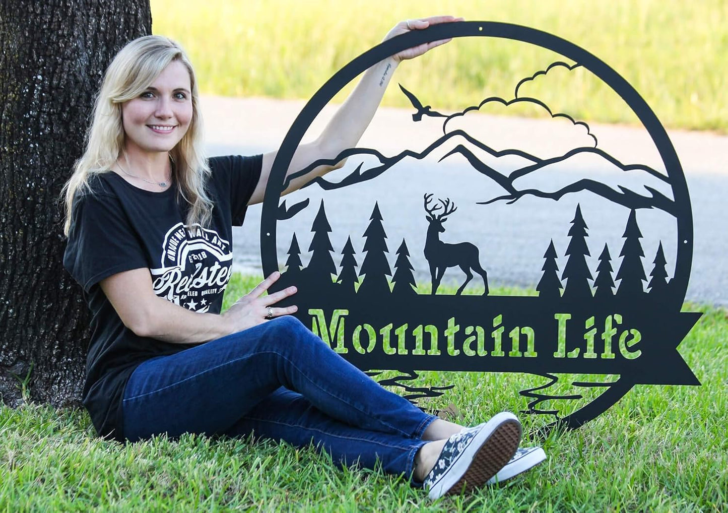 RealSteel Personalized Metal Wall Art - Circular Nature Scene with Mountains, Lake, Deer & Bird - Custom Name on Banner - Outdoor Landscape Decor for Home & Gifts - Gold, 36"