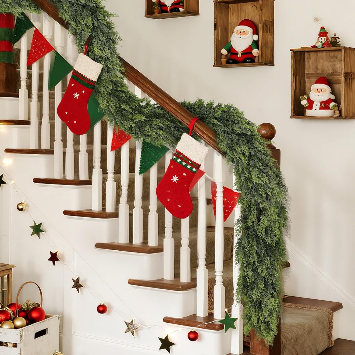 Real Touch Cedar Garland - Artificial Christmas Garlands Faux Green Cedar Fake Pine Needles Garland for Fireplace,Table, Stairs, Mantle, Window,Indoor Outdoor,Home,Holiday Decor(2 PCS,6 FT)