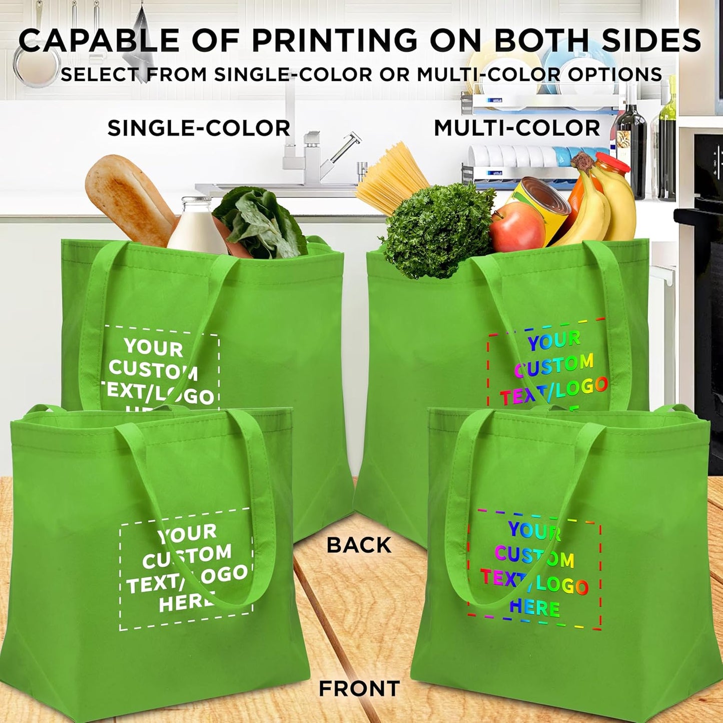 DISCOUNT PROMOS Custom Southern Style Grocery Tote Bags Set of 50 - Personalized Bulk Pack, Reusable Grocery & Shopping Bags - Great for Travel, Business Promotions - Lime Green - 20"X13"X8"