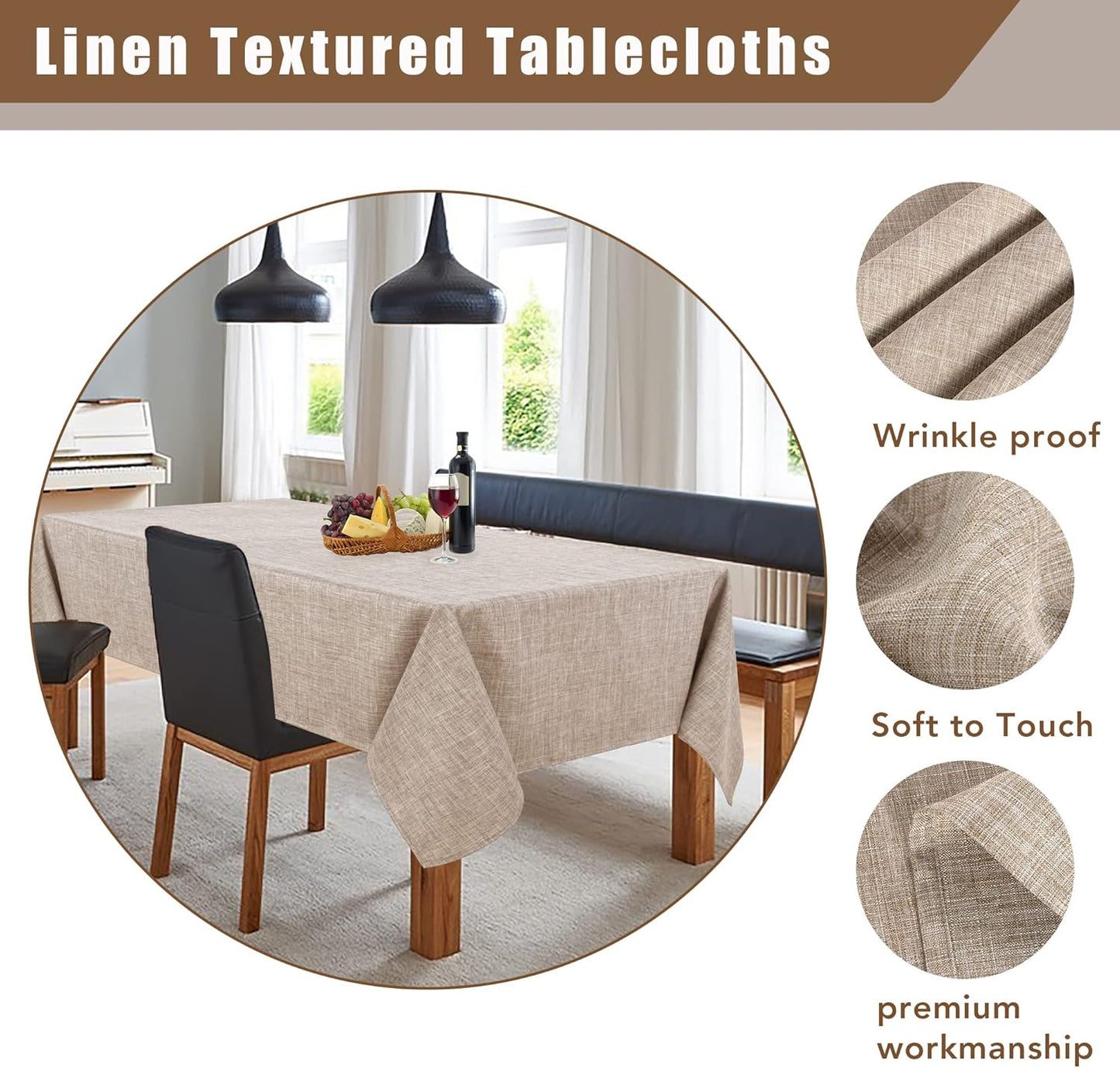 Fitable Linen Textured Tablecloth Washable Fabric Rectangle Table Cloth for 8 Foot Tables, Holiday Table Cover for Kitchen Dining, Party, Farmhouse (Nature, 54 x 108 Inch)