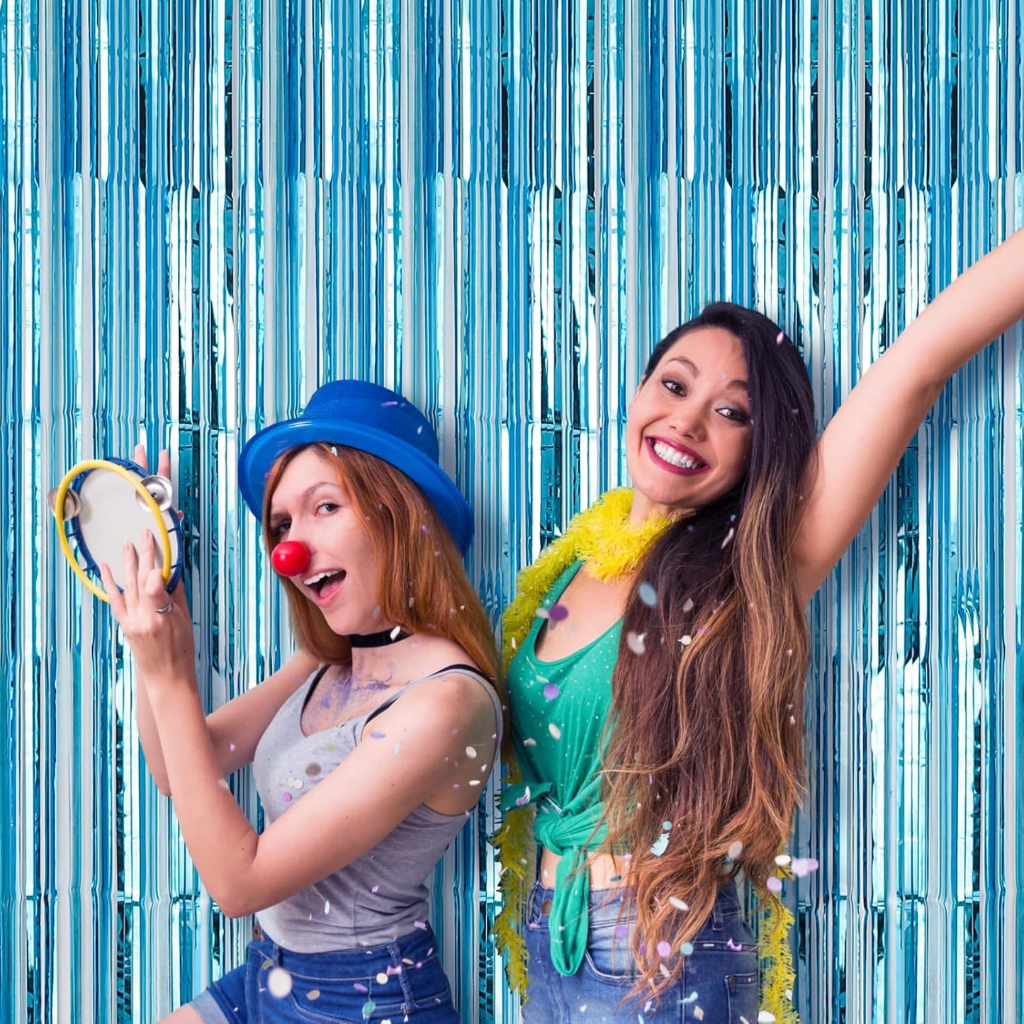 4 Pack 3.3x8.2 Feet Light Blue Foil Fringe Backdrop Curtains, Tinsel Streamers Birthday Party Decorations, Fringe Backdrop for Graduation, Baby Shower, Gender Reveal, Disco Party