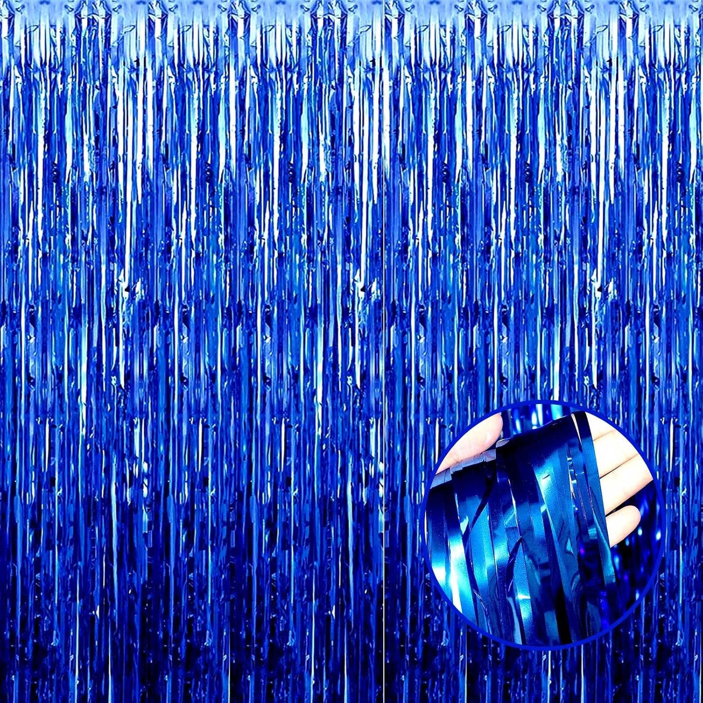 4 Pack Blue Foil Fringe Curtain Backdrop, 3.28Ftx8.2Ft Metallic Tinsel Streamers for Sea Party, Photo Booth Props, Birthday, 2022 Summer Ocean Theme Party Decoration Supplies