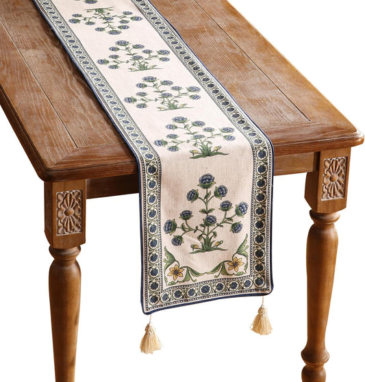 patdrea Designer Blue Rustic Elegant Floral Patterned Linen Table Runner 102 Inch Long,Wrinkle Resistant Table Mat,Decoration for Kitchen Dining and Coffee Tables Banquet Christmas ,12"x102"