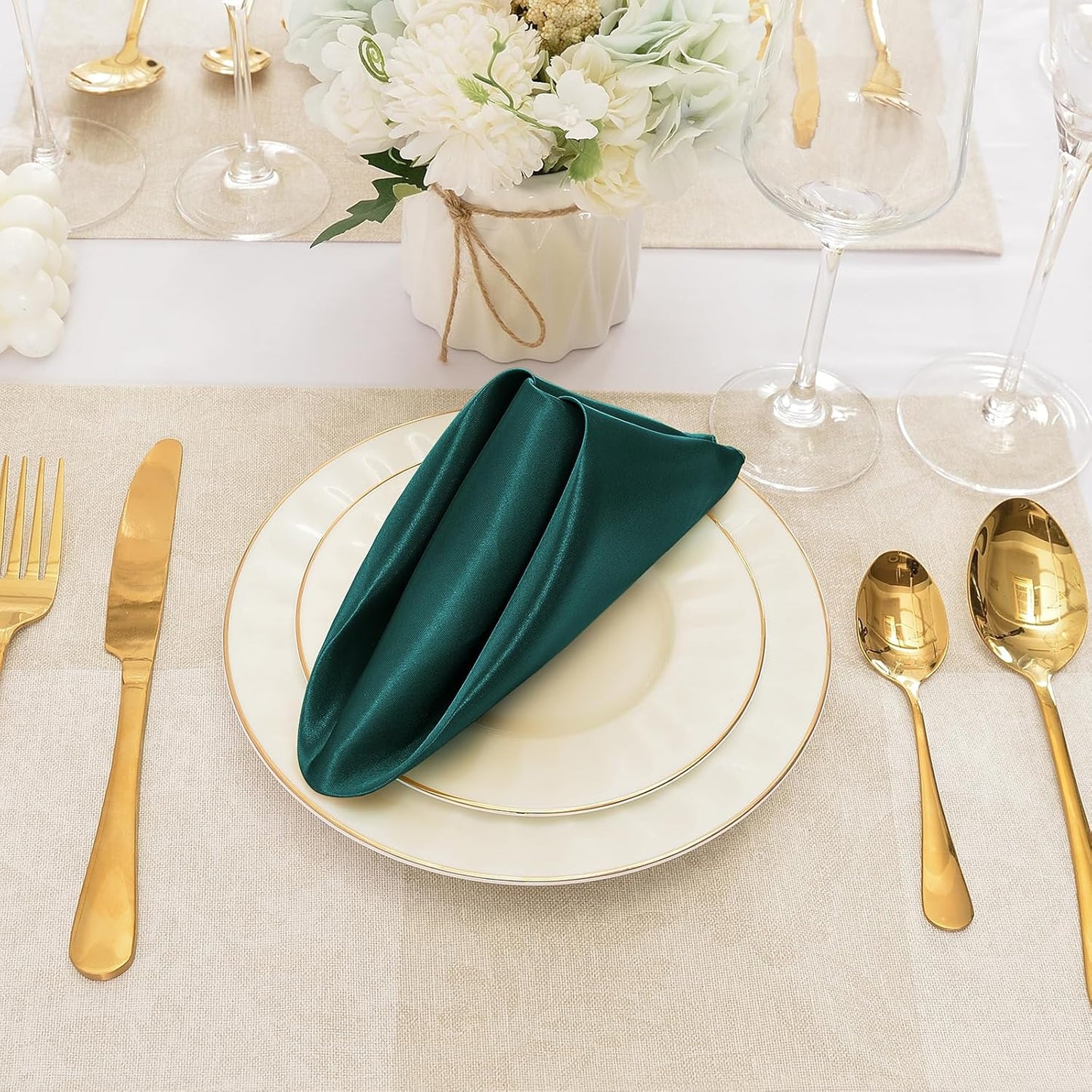 12 Pieces Forest Green Satin Napkins, 17" x 17" Square Table Napkins, Silky Soft Smooth Washable Napkins for Restaurant, Weddings, Dinner, Party Decoration