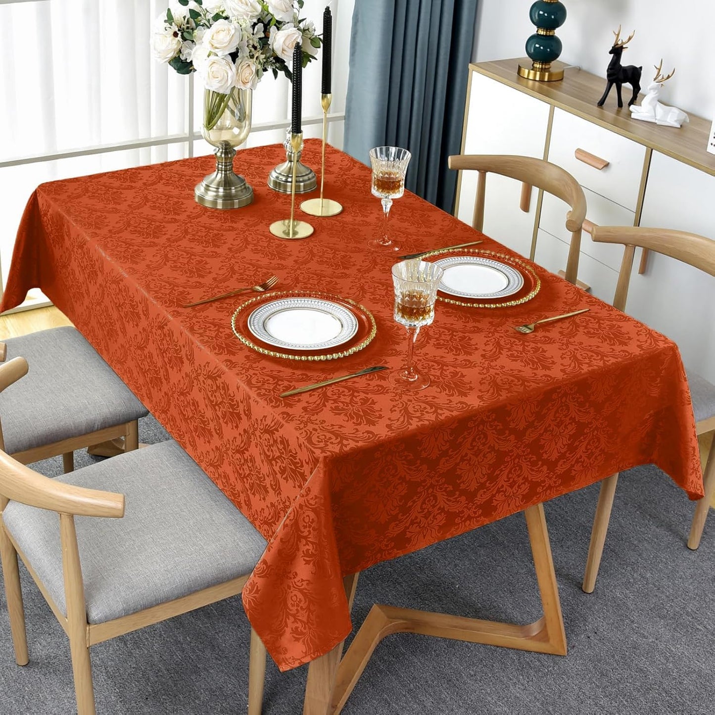 SASTYBALE Jacquard Rectangle Tablecloth, Rusty Spill-Proof Wrinkle Resistant Damask Table Cloth, Soft Polyester Oblong Table Cover for Kitchen Parties Thanksgiving - 60 x 102 Inch Rust