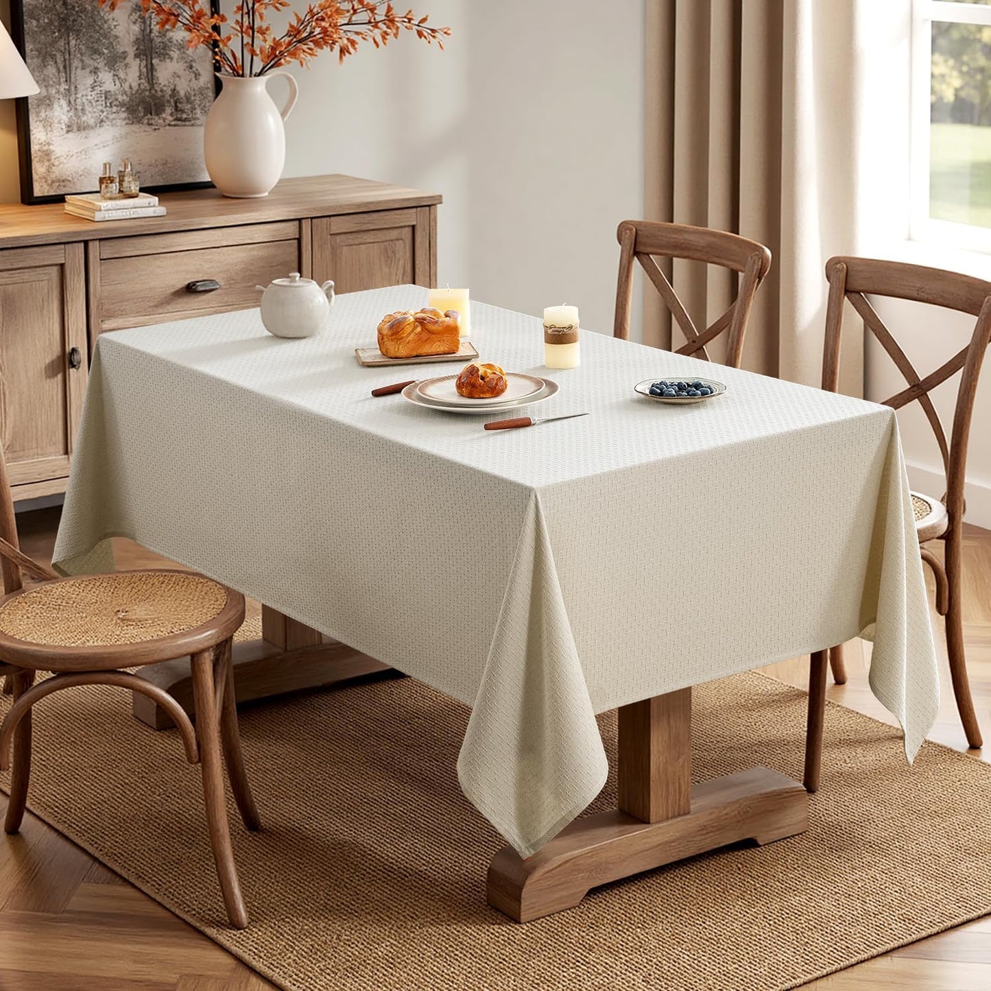 MIULEE Natural Linen Cottton Table Cloth Rectangle Tablecloth Waterproof Spillproof Cross-Star Textured Table Cltoth Decorative Farmhouse Style for Dining Party Weddings 60x120 Inch