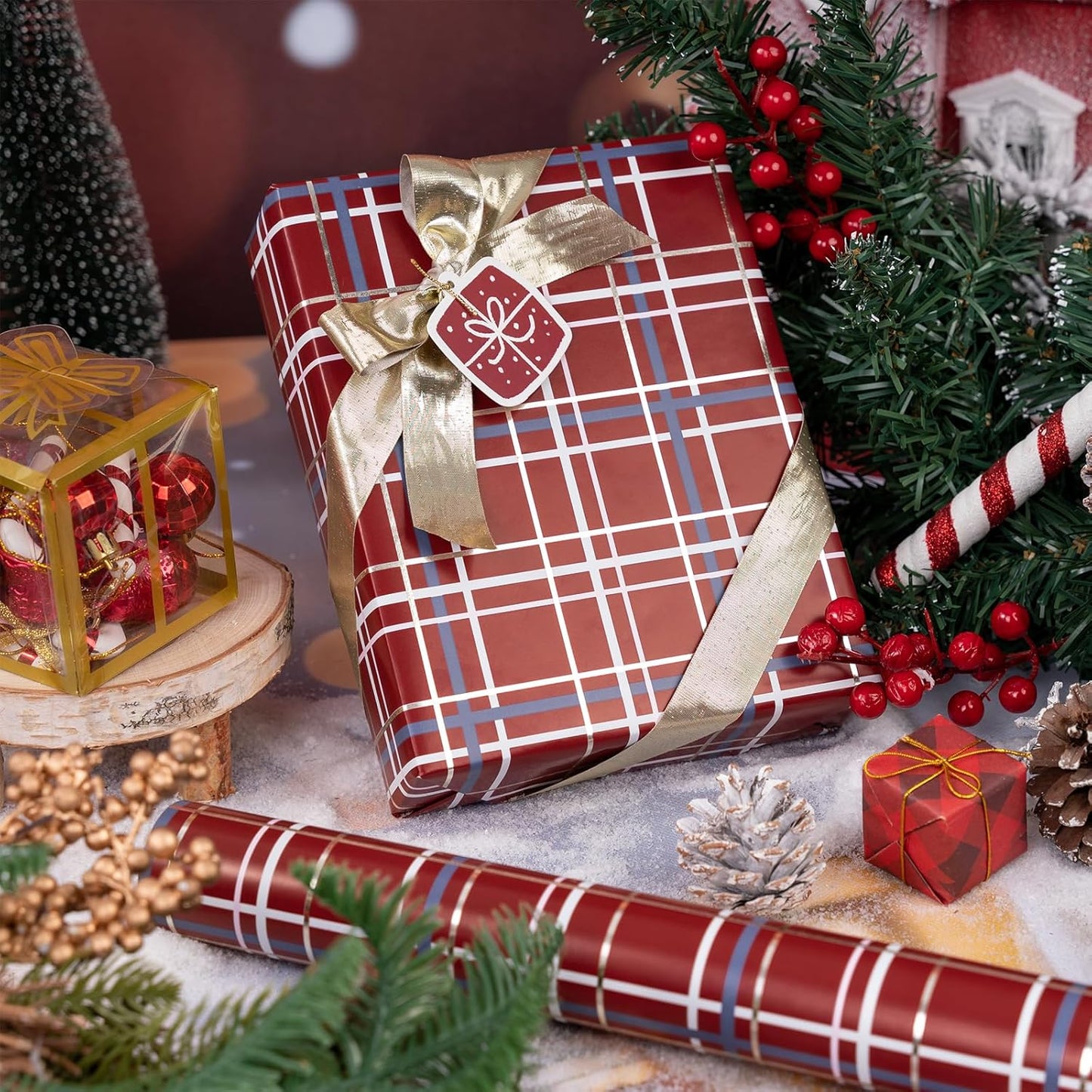 LeZakaa Christmas Red Wrapping Paper Roll, Buffalo Plaid Red for Christmas Winter Holiday Family Gathering, Grid Backing, 17 inches x 32.8 Feet, Mini Roll