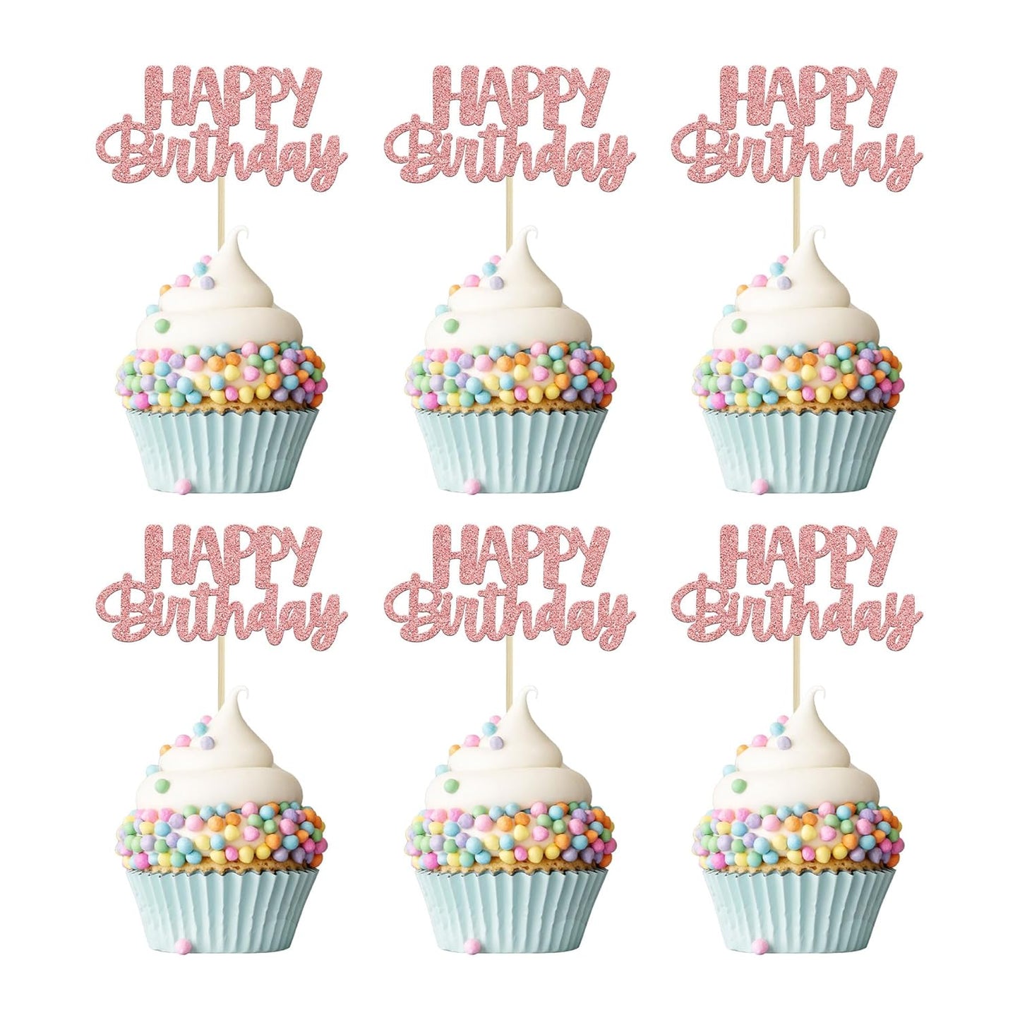 Gyufise 24Pcs Happy Birthday Cupcake Toppers Rose Gold Glitter Birthday Cake Picks for Celebrating Birthday Party Baby Shower Party Decorations Supplies