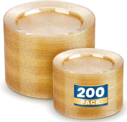 WDF 200PCS Gold Plastic Plates - Gold Glitter Plastic Plates - Heavy Duty Gold Glitter Disposable Plates - Include 100 Dinner Plates 10" and 100 Dessert Plate 7" for Parties/Wedding